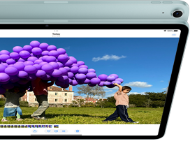 iPad Air, with 12MP Center Stage camera showing a user on FaceTime, in front of another iPad Air model showing the back exterior and camera