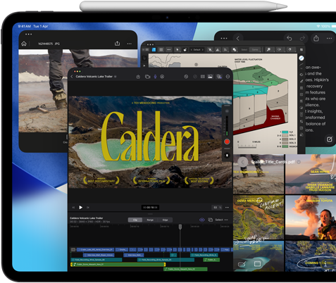 iPad Pro, front exterior, landscape orientation, space black color, Apple Pencil resting atop device, display showing multiple app windows tiled, including Final Cut Pro with multiple video editing features and timeline, Maps, Notes, and various media clips