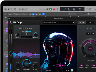 Screen content demonstrating MicDrop software using AI features to edit a vocal recording on a MacBook Pro