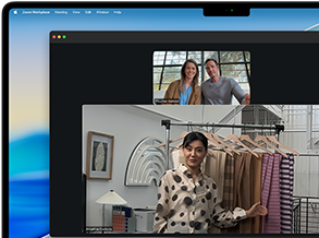 A video call on a MacBook Pro where a woman shows fabrics to two people on the call, with Center Stage keeping her centered in the frame as she moves around