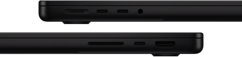 Showing the ports on MacBook Pro — left side: MagSafe 3, two Thunderbolt ports, and headphone jack — right side: SDXC card slot, one Thunderbolt port, and HDMI